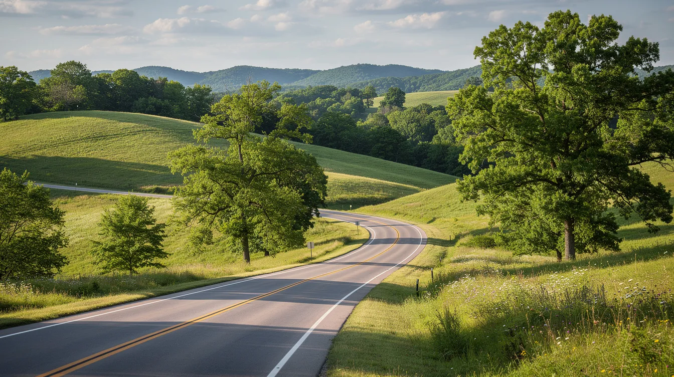 The image depicts a picturesque Tennessee highway that winds gracefully through lush green hills and dense trees, showcasing the natural beauty of the Volunteer State. This scenic route embodies the tranquil charm of Tennessee's landscape, inviting travelers to explore the region's scenic vistas.