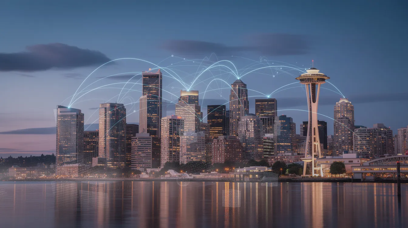 Seattle city skyline at dusk with digital network overlay.