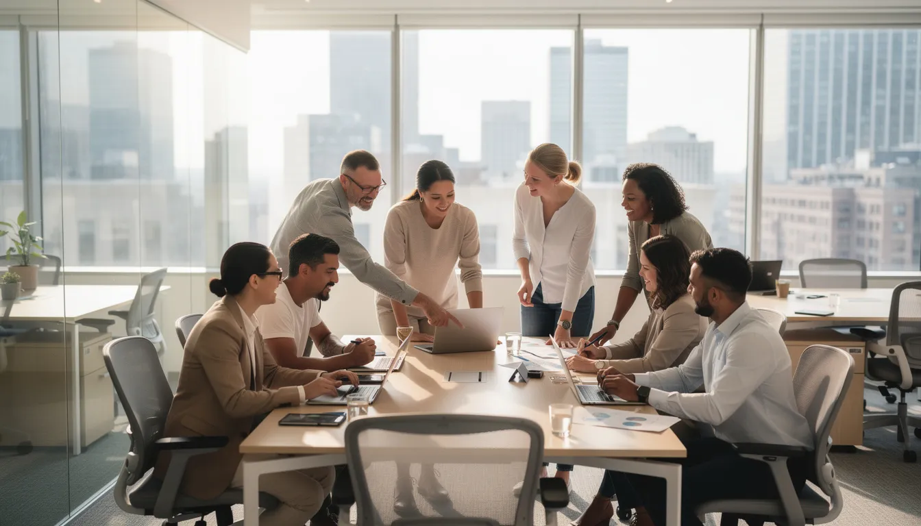 Imagen de un grupo diverso de profesionales colaborando en un ambiente de oficina moderno, donde se pueden observar personas de diferentes nacionalidades trabajando juntas. Esta imagen refleja la oportunidad de trabajar en Estados Unidos, un país que ofrece diversas opciones de visas de inmigrante y programas de residencia permanente.