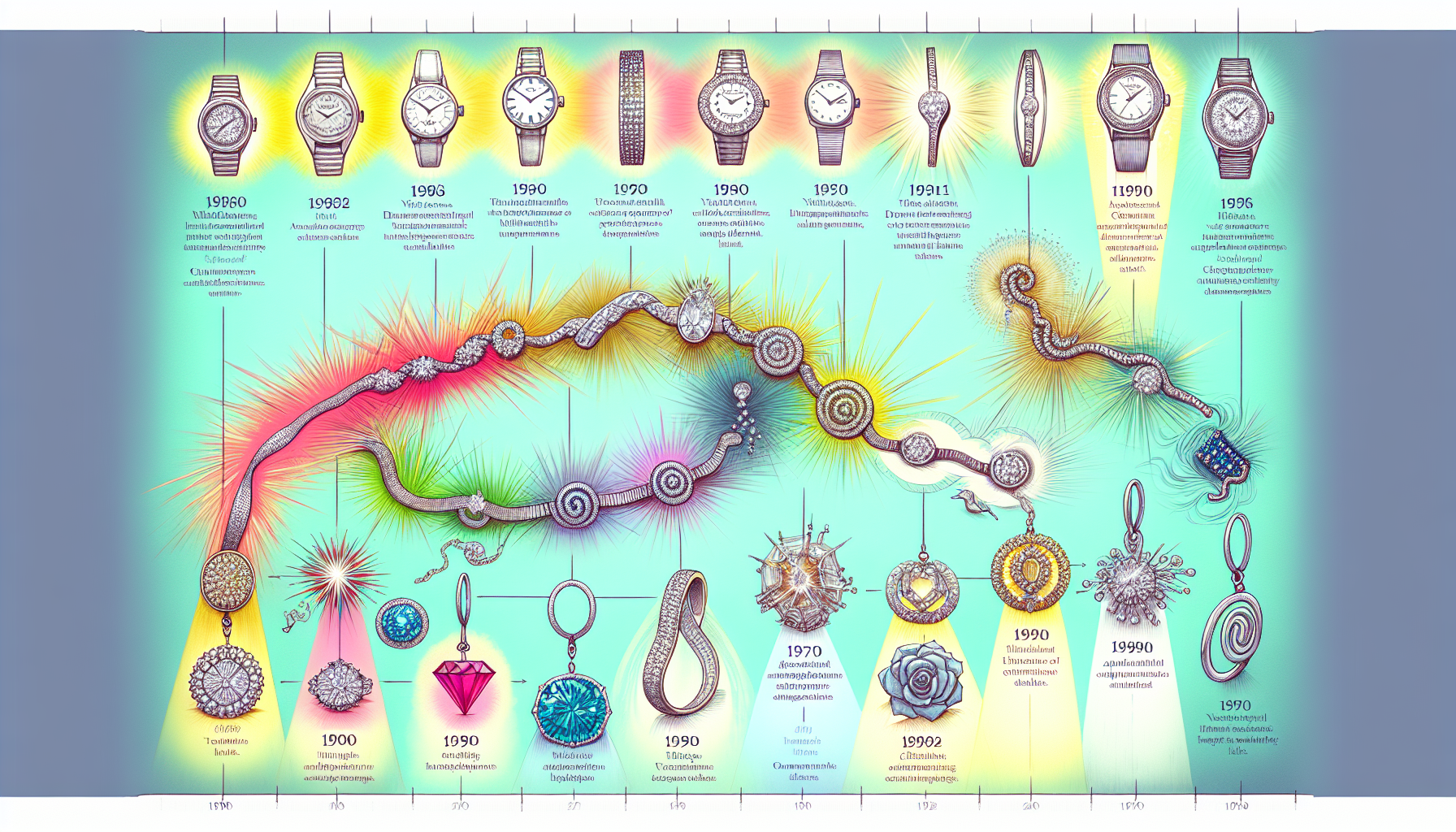 An illustration depicting the evolution of tennis bracelets through different eras.