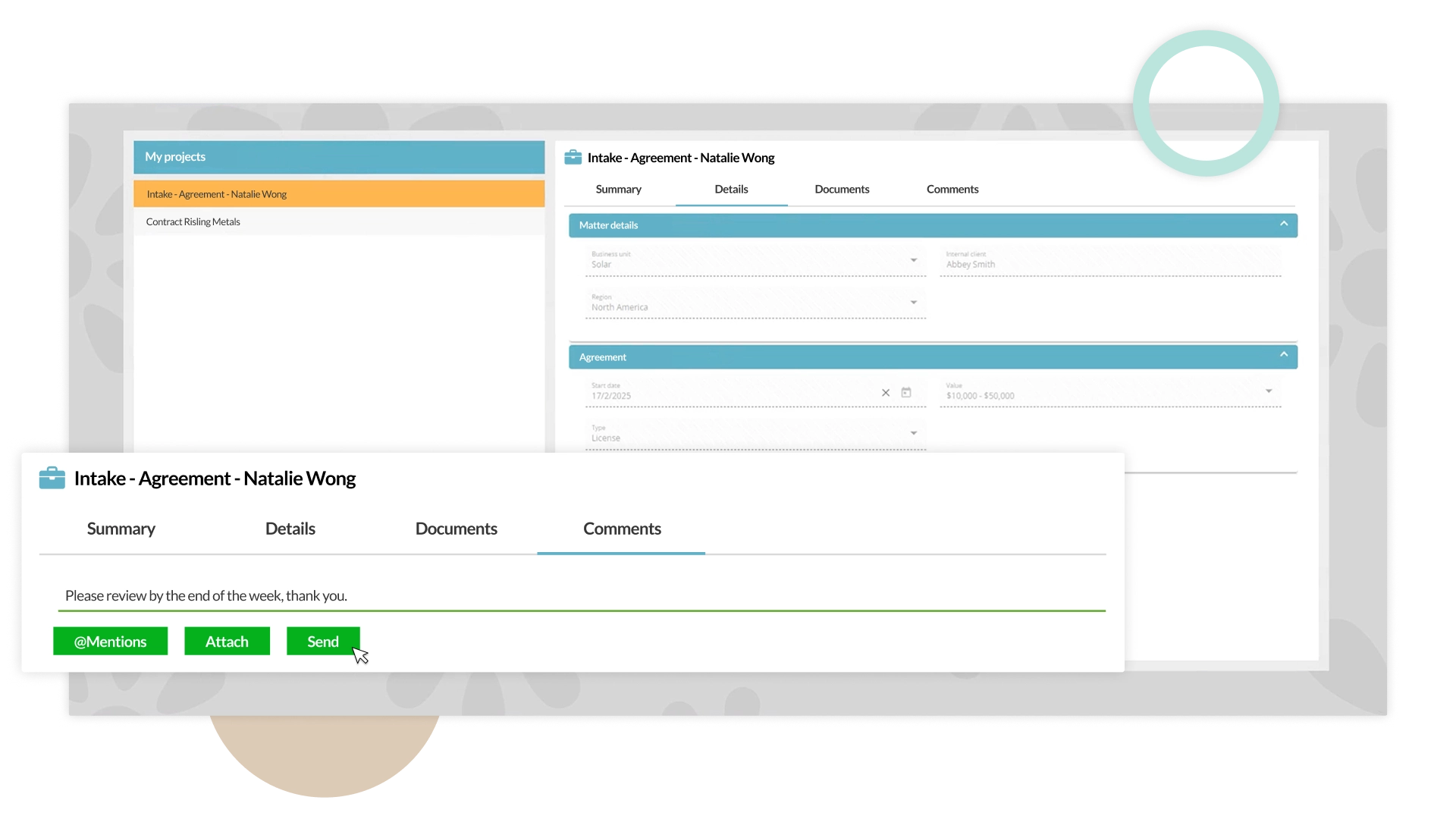 Screenshot of Dazychain intake details and comments interfaces