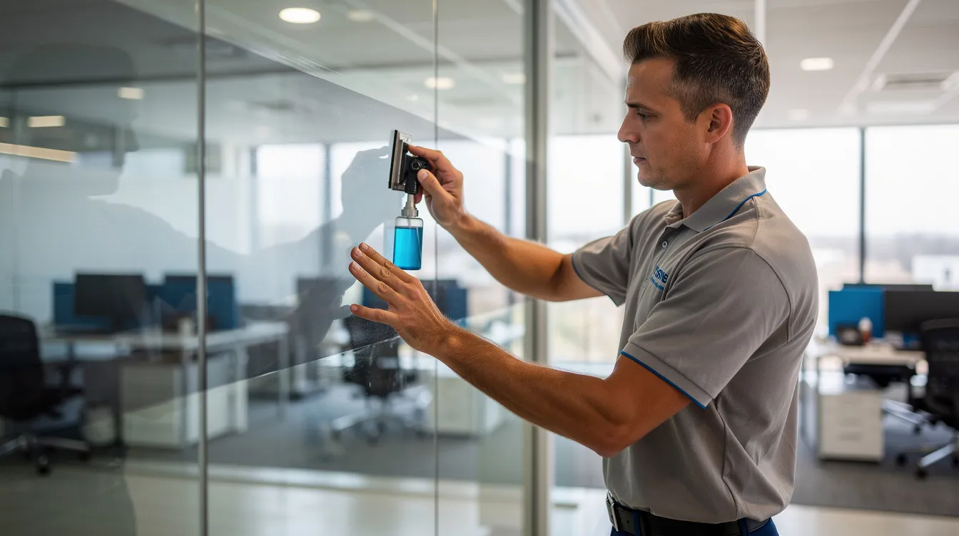 A service professional is applying tinted film to a large glass window in a bright commercial office, showcasing a successful business model that enhances customer satisfaction and brand recognition. This image highlights the importance of expert services in various industries, including franchise opportunities for aspiring entrepreneurs.