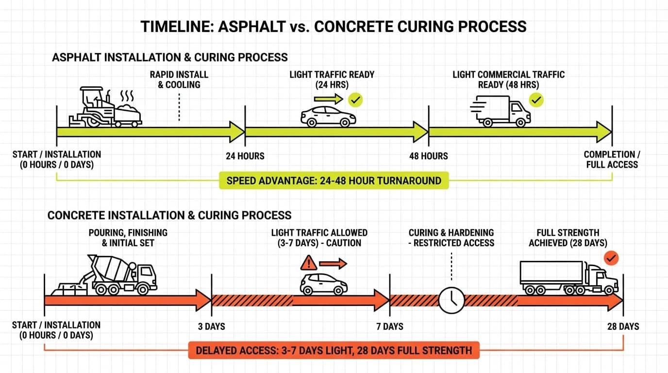 How Do Asphalt and Concrete Installation Timelines Impact Commercial Downtime?