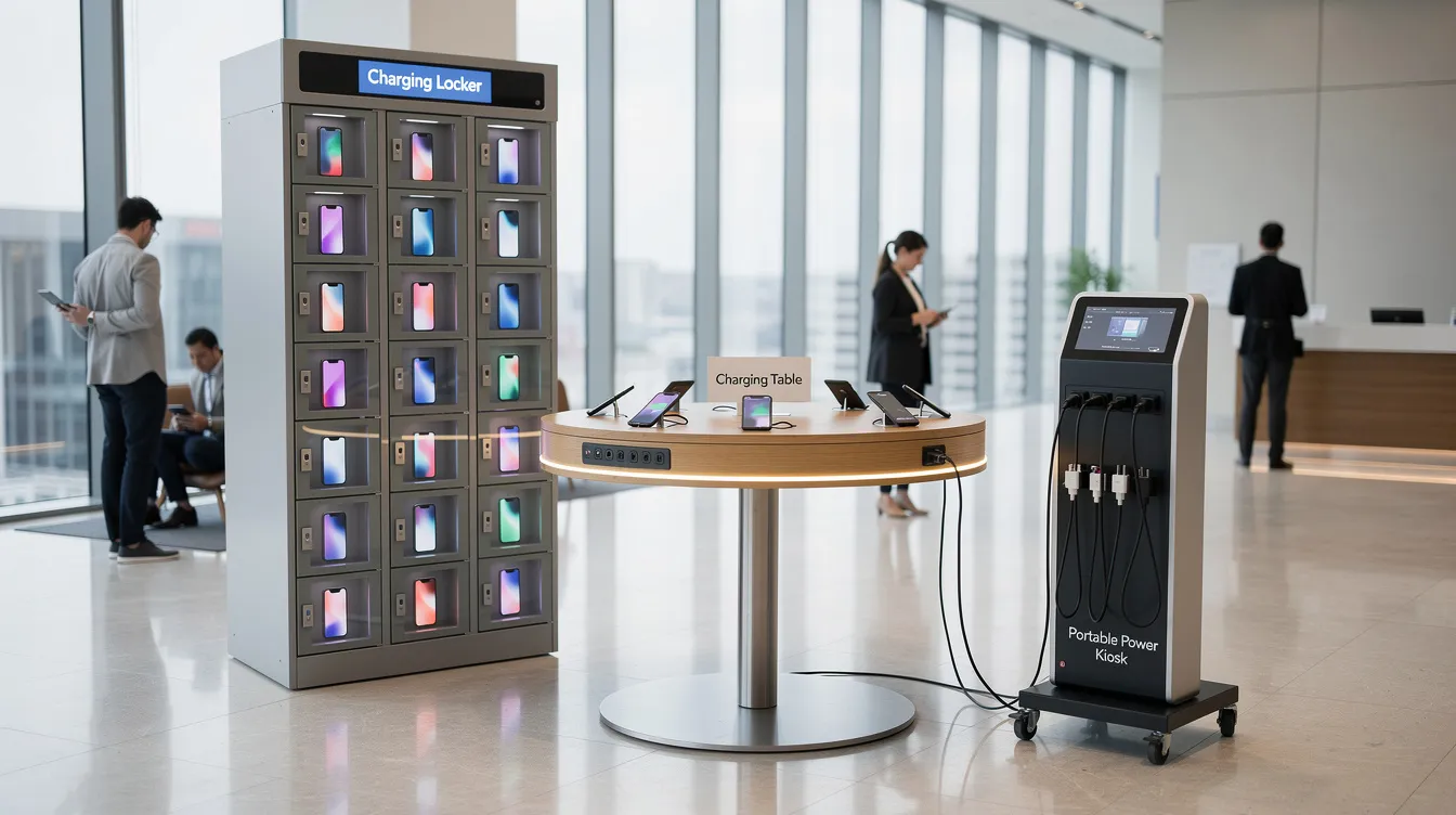 The image showcases various phone charging stations in a modern building lobby, featuring a locker unit, a charging table, and a portable kiosk, providing effective phone charging solutions for guests with drained cell phone batteries. This arrangement highlights the importance of keeping customers connected and engaged in public spaces such as shopping malls and trade shows.