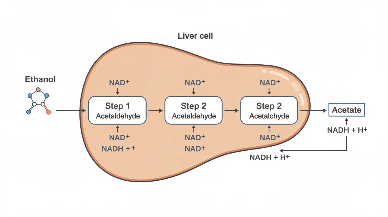 The image is a simple diagram illustrating a liver cell with arrows indicating the conversion of ethanol through two steps, each consuming NAD+. This process is essential in understanding alcohol metabolism and its implications for liver function, particularly in the context of chronic alcohol consumption and alcoholic liver disease.