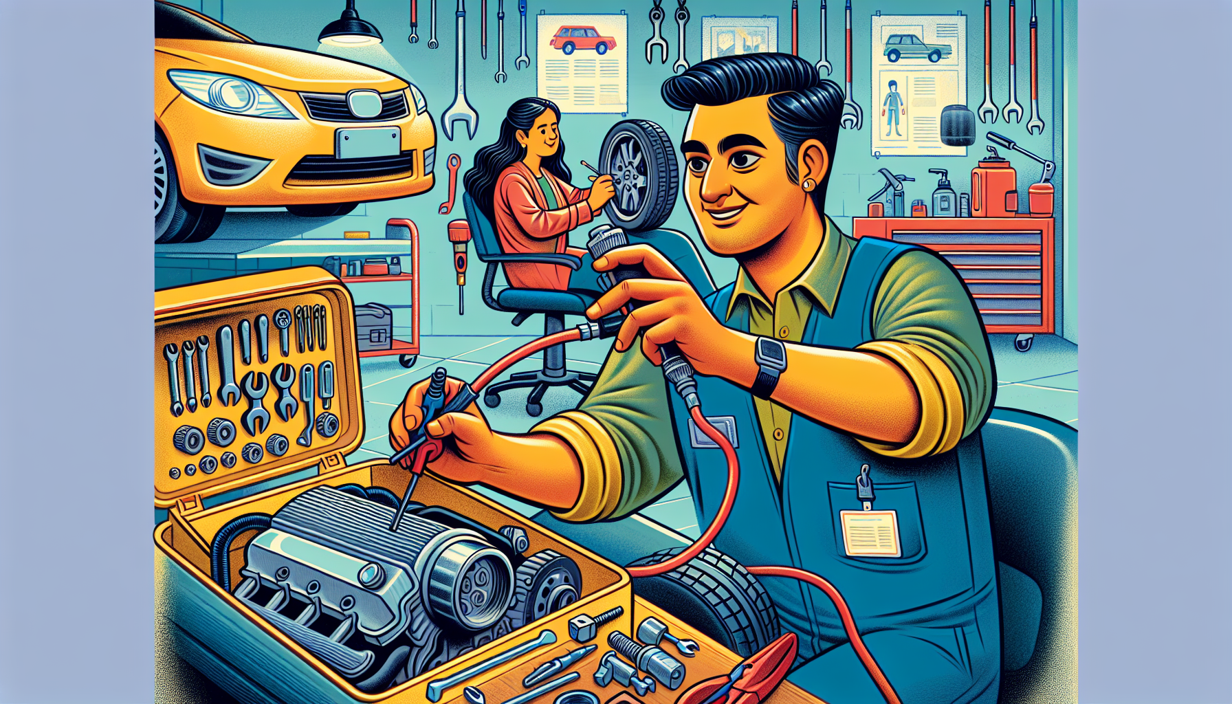 Cartoon of a mechanic repairing a vehicle