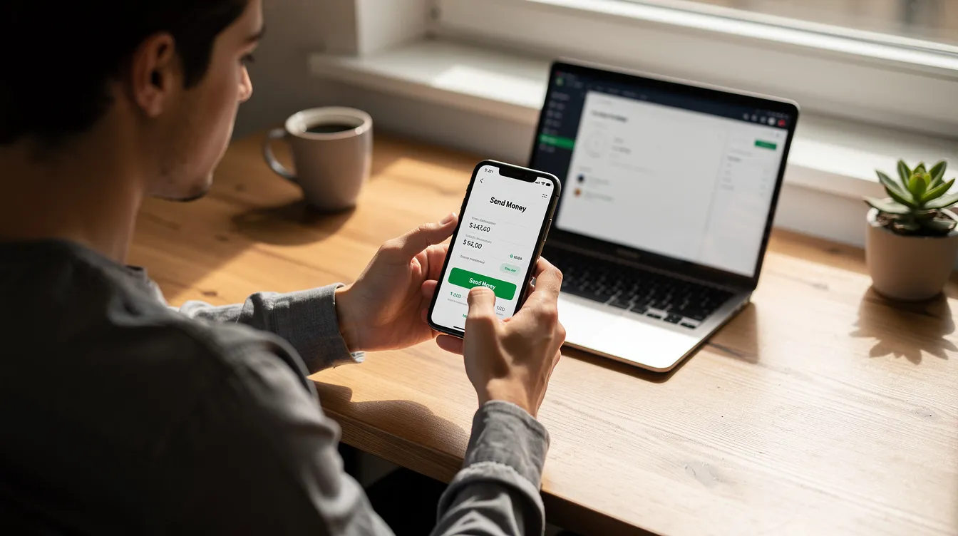 The image depicts a person sitting at a wooden desk, using a smartphone to send money, with a laptop nearby, illustrating the convenience of online payments and international money transfers. This scene highlights the modern approach to managing finances through payment solutions like Payoneer and Paysera, enabling users to transfer money across multiple currencies efficiently.