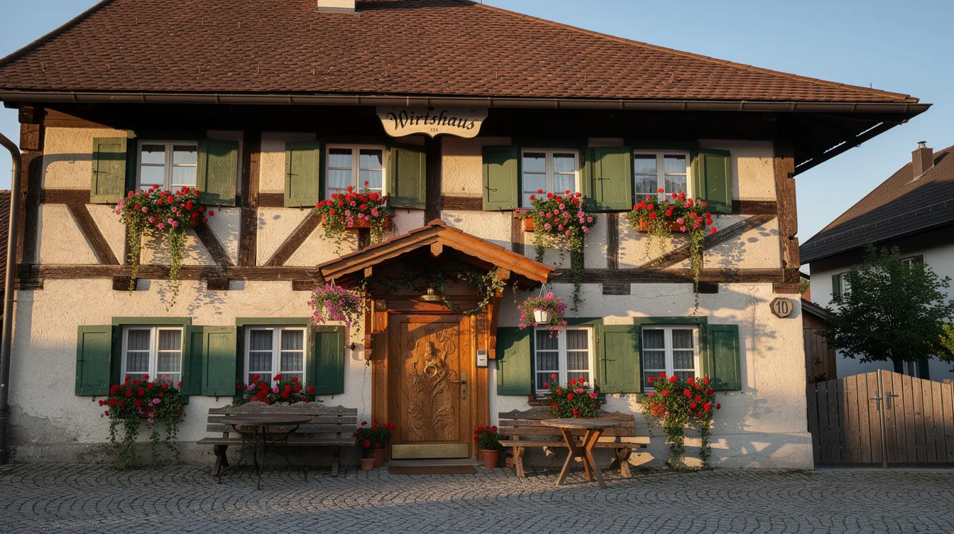 Die historische Fassade eines traditionellen bayerischen Wirtshauses zeigt eine geschmückte Eingangstür und liebevoll bepflanzte Blumenkästen, die die bayerische Lebensart und die Tradition des gemütlichen Beisammenseins widerspiegeln. Ein Ort, an dem man bei einem Weißwurstfrühstück mit süßem Senf und Brezen die bayerische Heimat genießen kann.