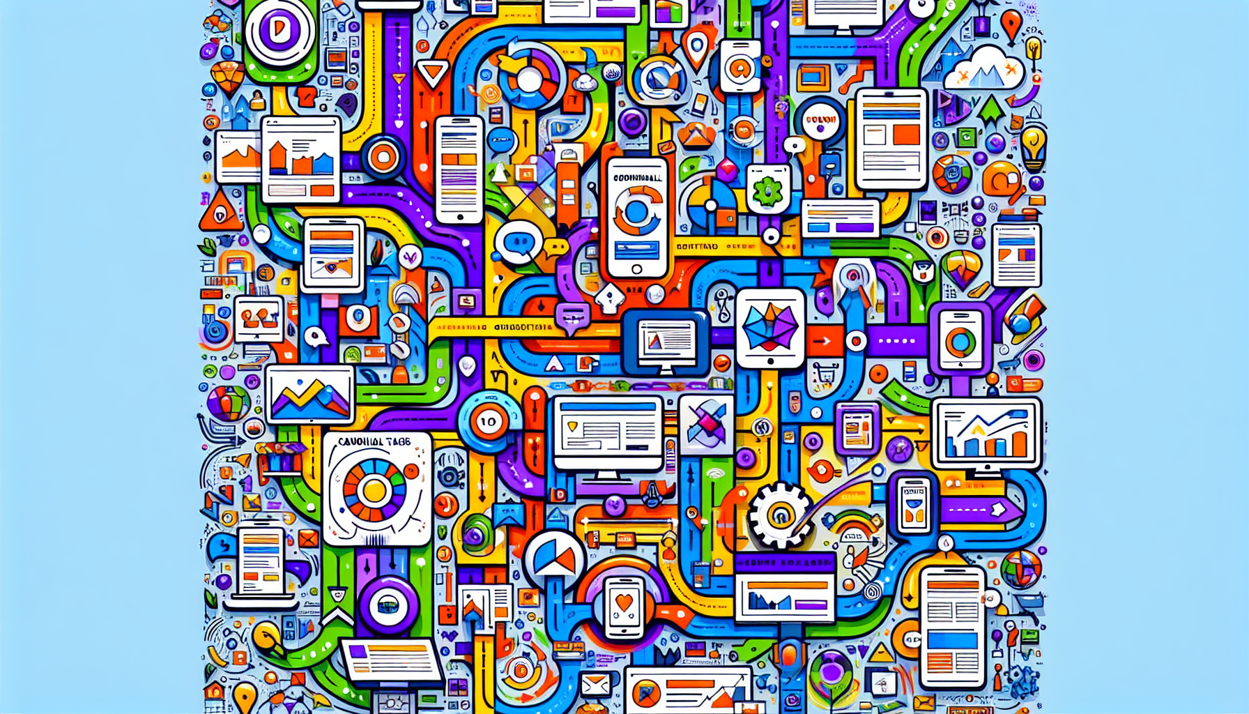 A creative illustration highlighting advanced techniques for URL optimization, including canonical tags and mobile-first indexing.