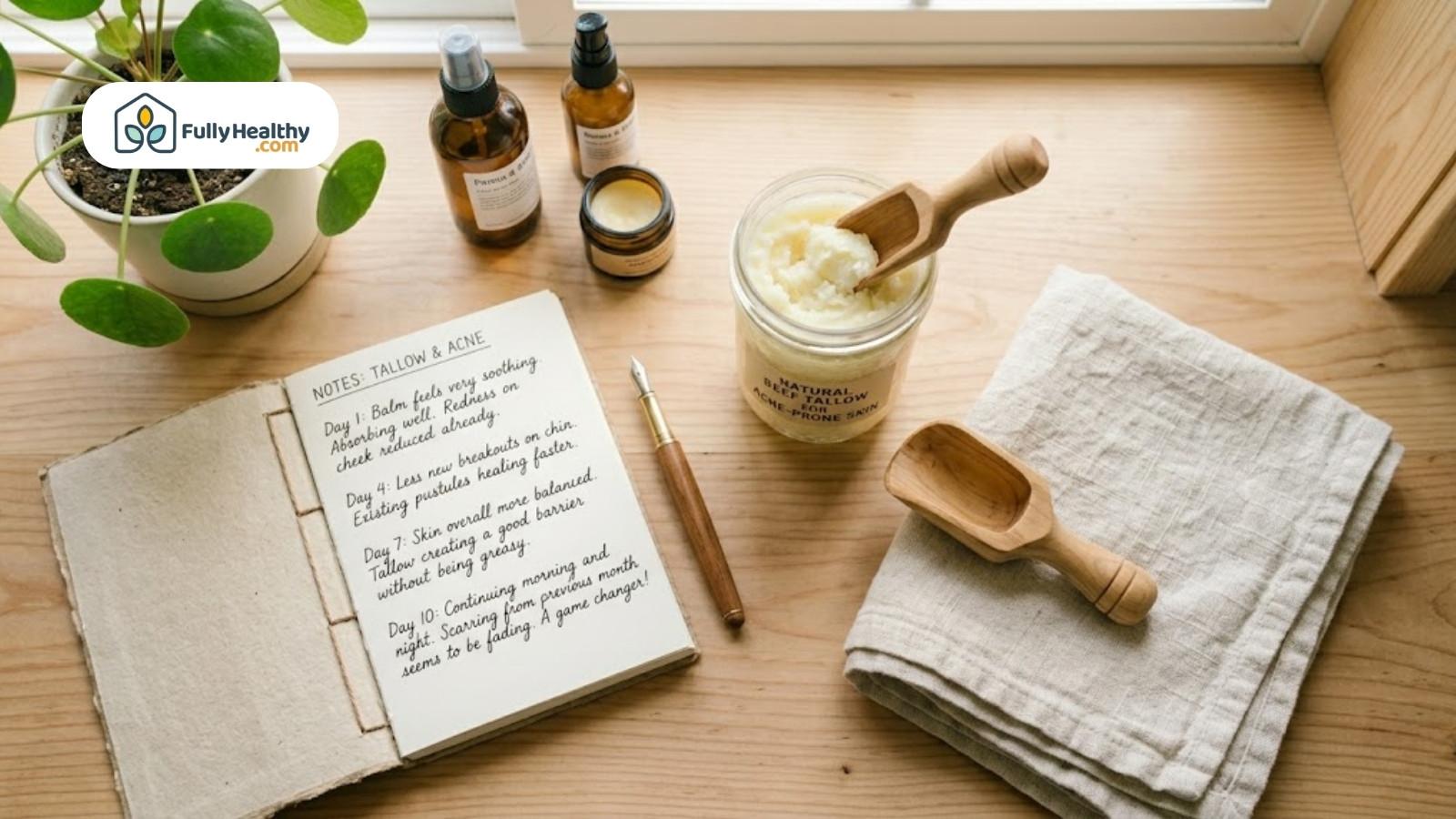 Notebook tracking acne progress alongside beef tallow balm and skincare tools