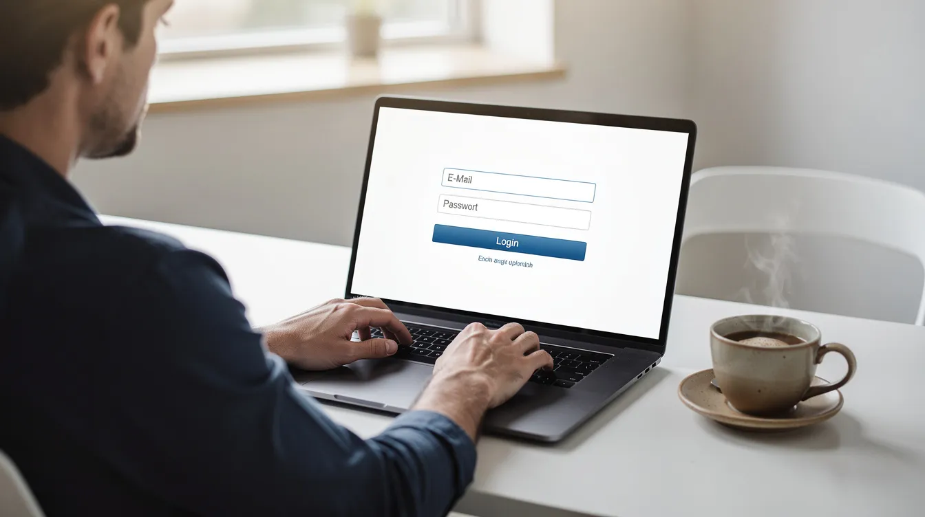 Eine Person sitzt an einem Laptop und loggt sich in ein Online-Portal ein, während sie eine Kaffeetasse neben sich hat. Auf dem Bildschirm sind Informationen zur Freischaltung des Canada Life Logins sichtbar.