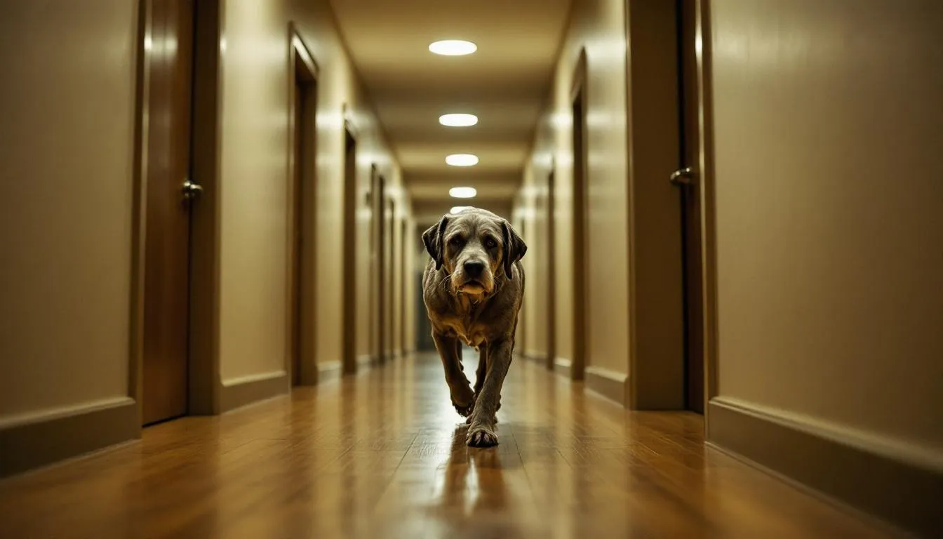 An elderly dog is seen pacing in a dimly lit hallway at night, exhibiting signs of canine cognitive dysfunction, which is common in senior dogs. This behavior may indicate cognitive decline, a condition similar to dementia in humans, affecting the dog