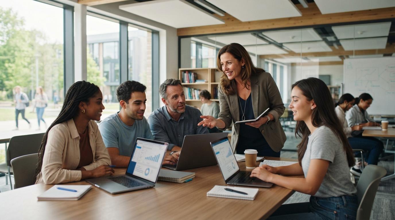 Photorealistic university educator discussing AI learning platform options with students using laptops in a modern classroom, emphasizing informed educational decision-making, natural lighting.