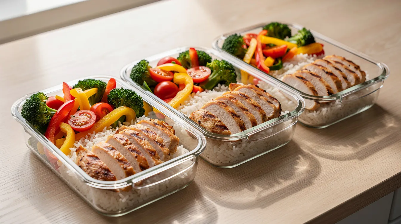 Drei gläserne Meal-Prep-Boxen stehen nebeneinander auf einem Tisch, gefüllt mit buntem Gemüse, Reis und gegrilltem Hähnchen. Diese gesunden Mahlzeiten sind ideal für eine ausgewogene Ernährung und unterstützen den Muskelaufbau sowie die Fitnessziele von Sportlern.