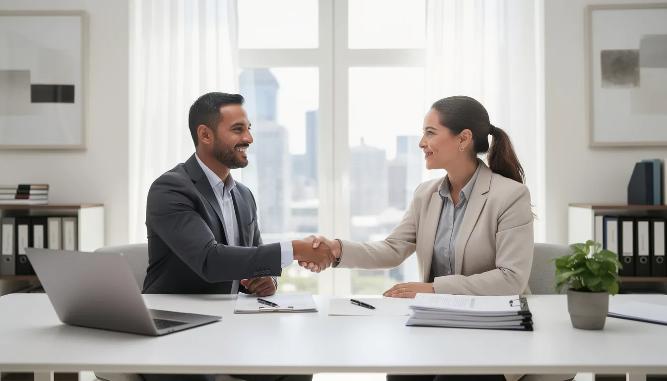 The image depicts two professionals shaking hands across a desk in a well-lit office setting, symbolizing a successful agreement or partnership, possibly related to personal injury claims or legal representation. This interaction highlights the importance of collaboration in navigating the legal process for injury victims seeking fair settlements.