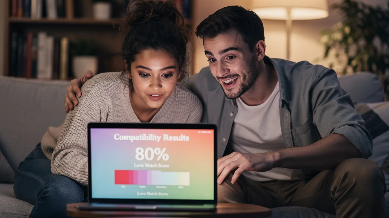 A couple sits together, intently reviewing their dating compatibility results on a digital device, highlighting their shared values and emotional connection. The screen displays compatibility scores derived from a comprehensive quiz, aiming to enhance their understanding of relationship goals and potential matches in the online dating landscape.