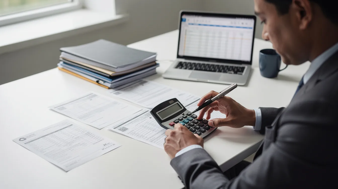 A person sits at a desk, carefully reviewing financial documents and bank statements while using a calculator, embodying the meticulous nature of a 公務員 in their service role. The setting suggests a focus on financial management, relevant to those in public service positions in 香港 特別 行政區.