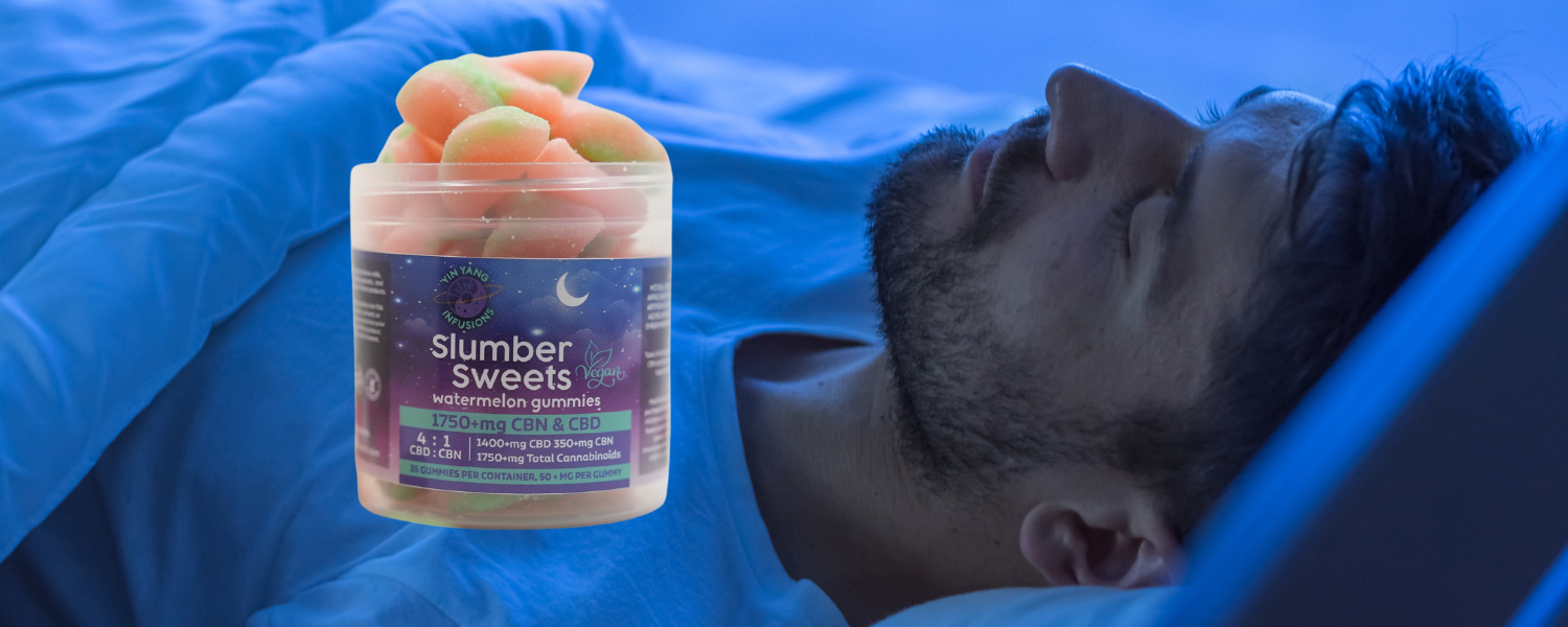 A person sleeping peacefully with a bottle of CBN gummies