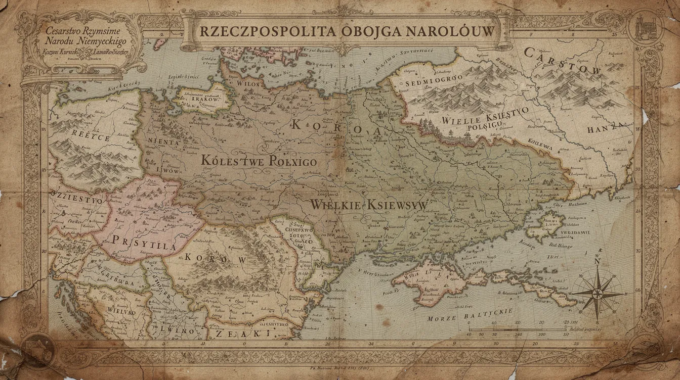 Na obrazie widoczna jest stara mapa terytorium Rzeczypospolitej Obojga Narodów z XVII wieku, na której zaznaczone są granice oraz sąsiednie państwa. Mapa ilustruje kontekst historyczny związany z obroną granic Rzeczypospolitej, co może być przydatne w nauce historii w klasie 6, dział 3.