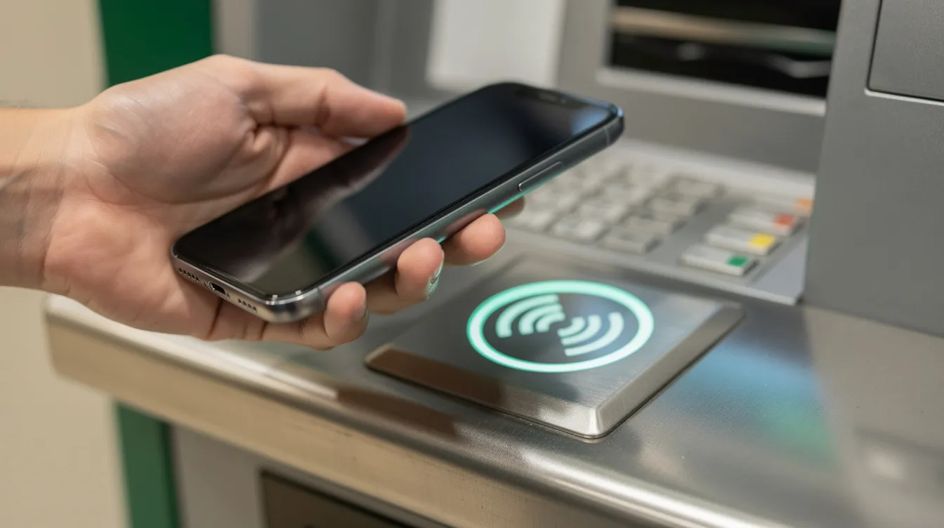 A close-up image shows a person holding a smartphone near a contactless ATM reader pad, ready to withdraw cash using mobile payment technology like Google Pay. The scene highlights the convenience of accessing cash services without needing a debit card at the bank.