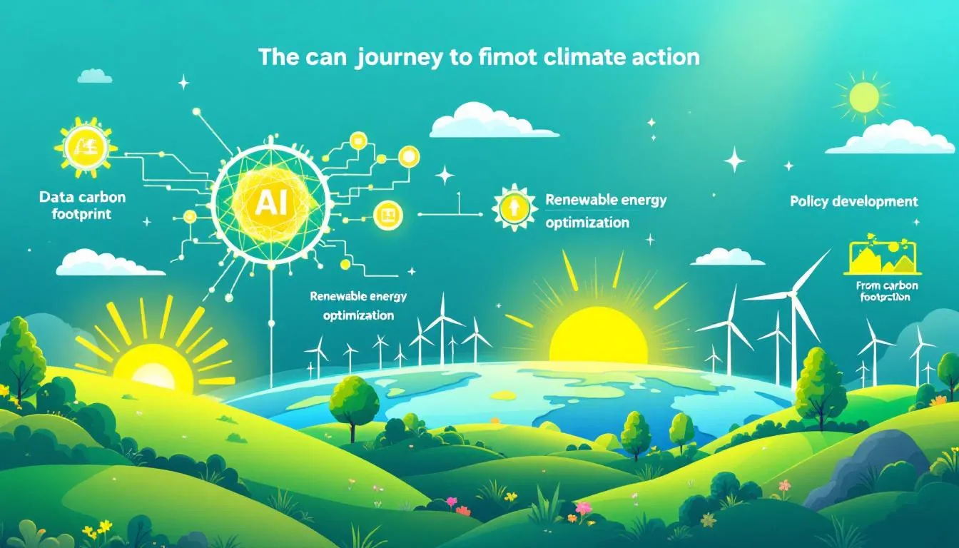 An illustration depicting the role of artificial intelligence in achieving carbon neutrality, showcasing various renewable energy sources and advanced computer systems working together to reduce greenhouse gas emissions and improve energy efficiency. The image emphasizes the importance of AI-driven technologies in combatting climate change and promoting sustainable energy management practices.