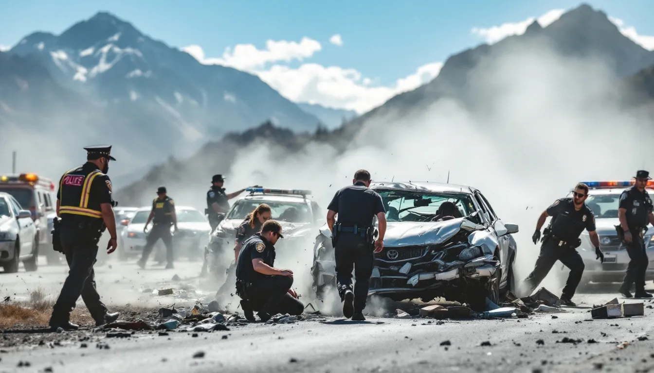 A car accident scene unfolds under a sunny sky, with blurred vehicles and emergency responders attending to the situation, while majestic mountains rise in the background. This image evokes the serious nature of car accidents and the importance of having a knowledgeable car accident lawyer to assist victims in navigating their claims and obtaining fair compensation.