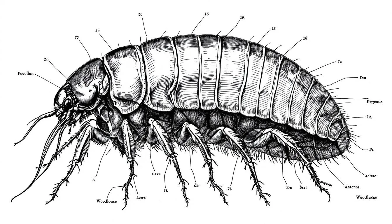 An illustration of woodlouse anatomy showcasing its external features.