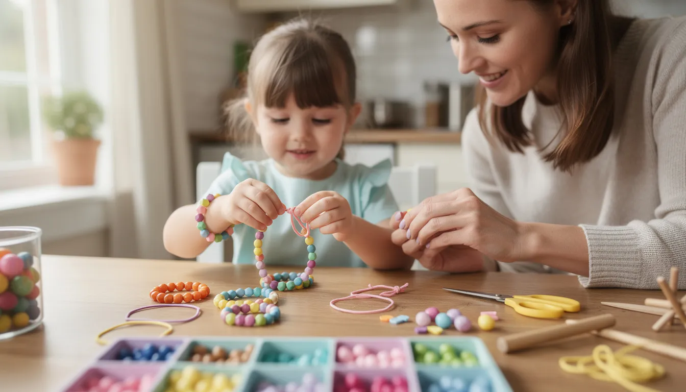 A colorful jewellery making kit is displayed, featuring a variety of large beads in different shapes and colors, along with elastic cord and scissors, perfect for younger children to create their own friendship bracelets. This engaging activity helps develop fine motor skills and allows kids to explore their creativity while making personalized accessories.