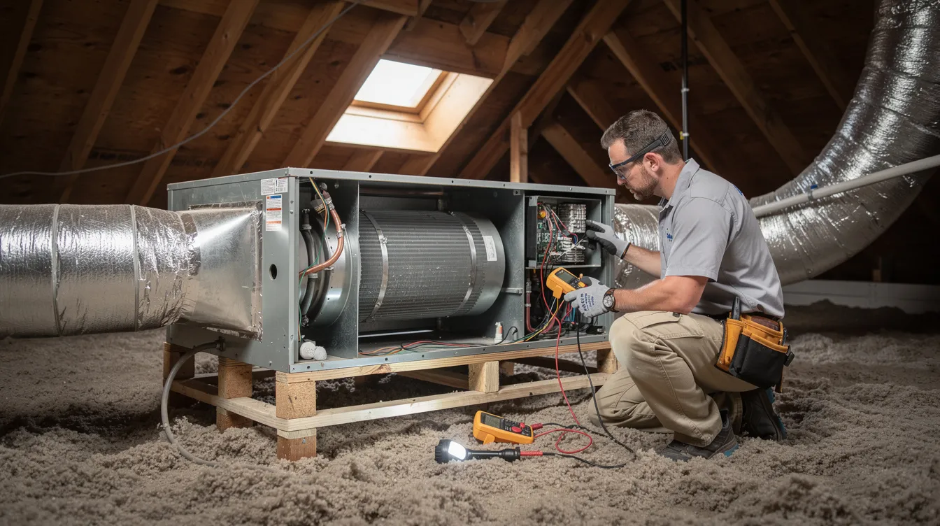 An HVAC technician is working diligently on an indoor air handler unit located in a residential attic space, focusing on the replacement of the evaporator coil. The technician is equipped with specialized tools to ensure proper maintenance and repair of the system, which is essential for maintaining optimal indoor air quality and energy efficiency.