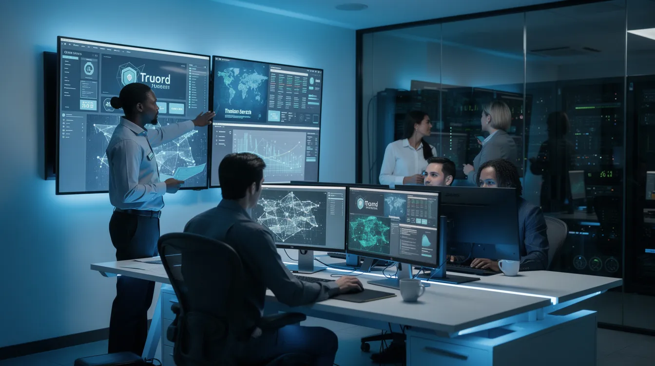 A diverse team of professionals is collaborating around multiple computers in a security operations center, focused on enhancing their security posture through proactive threat hunting and incident response strategies. They are utilizing threat intelligence feeds and key metrics to assess their SOC maturity and improve their detection capabilities against cyber threats.