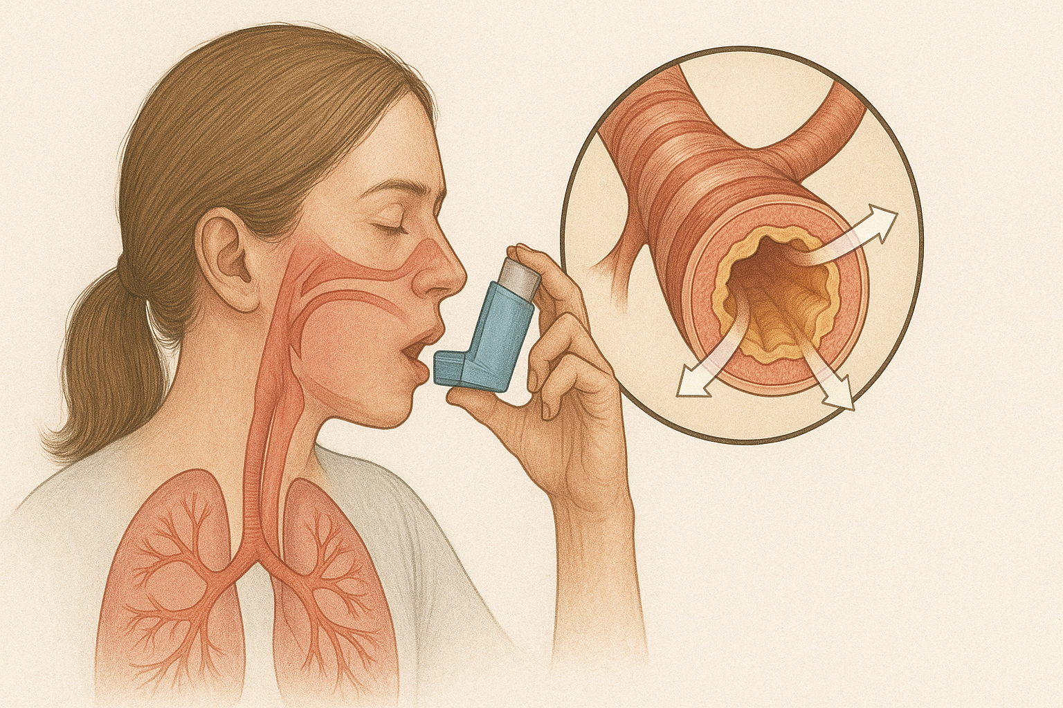 Kvinne bruker inhalator; illustrasjon av bronkier som åpnes.