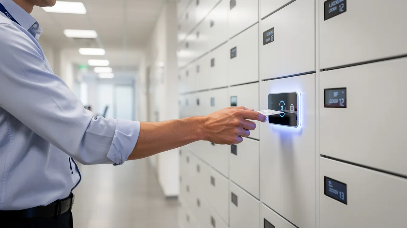 A person is tapping an RFID badge against a smart locker panel in a hallway, demonstrating the use of smart locker technology for secure storage and efficient device access. This modern smart locker system enhances asset management by allowing users to authenticate and access their assigned devices easily.
