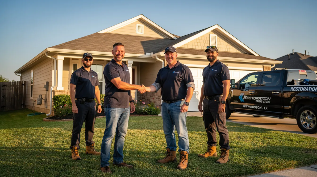 A satisfied homeowner is shaking hands with a restoration team outside their property in Houston after a successful water damage restoration job. The team, equipped with expertise in tile repair and damage cleanup, has effectively addressed issues like mold growth and damaged tiles, ensuring the property is restored to its original condition.