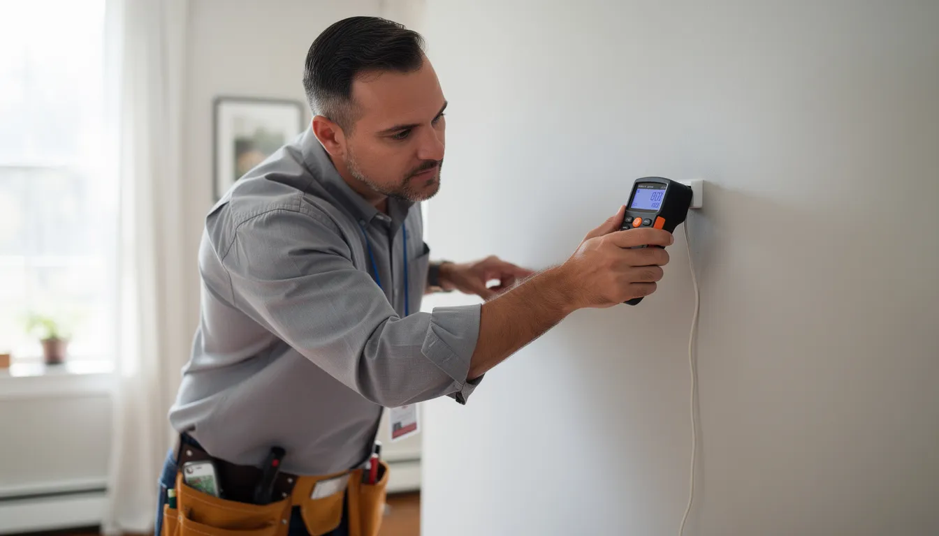 A professional inspector is carefully examining a wall with a moisture meter in a residential home, assessing for potential mold growth that could lead to health problems like allergic reactions and respiratory issues. The inspector's work aims to prevent mold growth by ensuring proper indoor air quality and addressing any moisture-related concerns.
