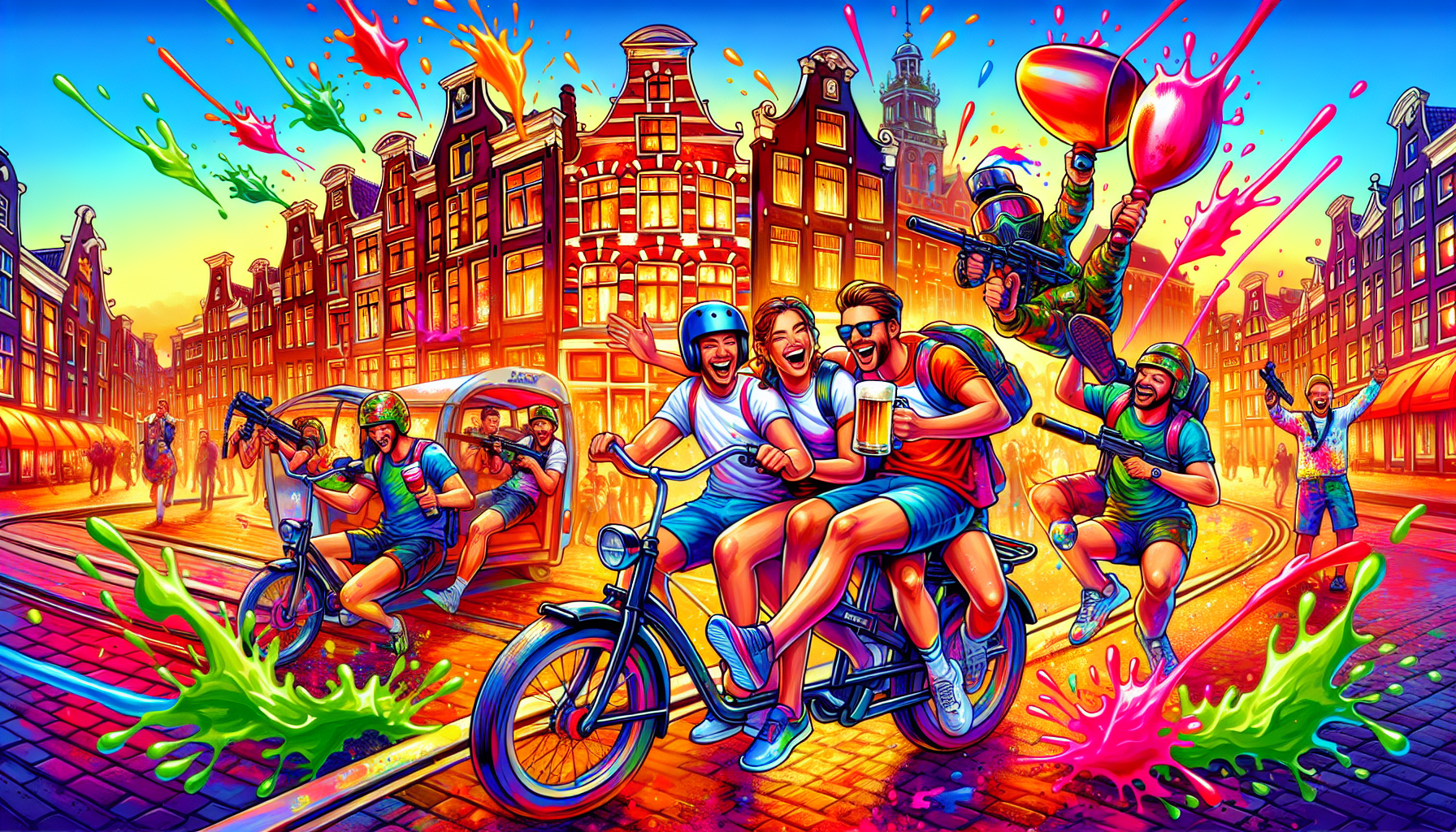 A fun depiction of various stag activities available in Amsterdam.