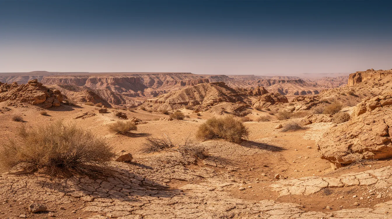 The image depicts a vast arid desert landscape with rocky hills under a clear blue sky, reminiscent of the ancient Near East, evoking themes of Hebrew thought and the cultural backdrop of biblical authors. This stark yet beautiful scenery reflects the rich tapestry of human history and the enduring legacy of Hebrew culture.