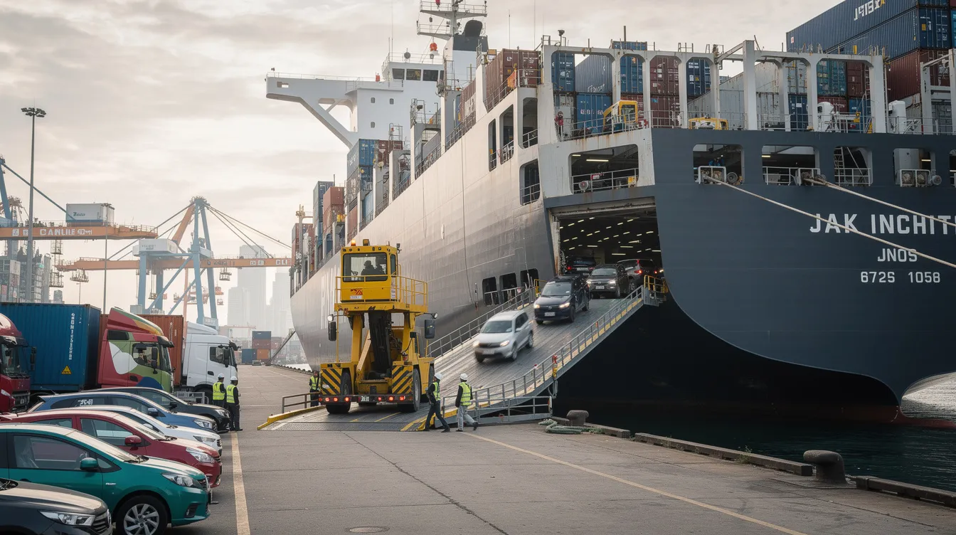 A large cargo ship sits at the port, with various vehicles being loaded onto its deck for transport, highlighting the car shipping process essential for auto transport to Hawaii. The scene emphasizes the logistics involved in vehicle shipment, showcasing the efficiency of Hawaii car shipping services.
