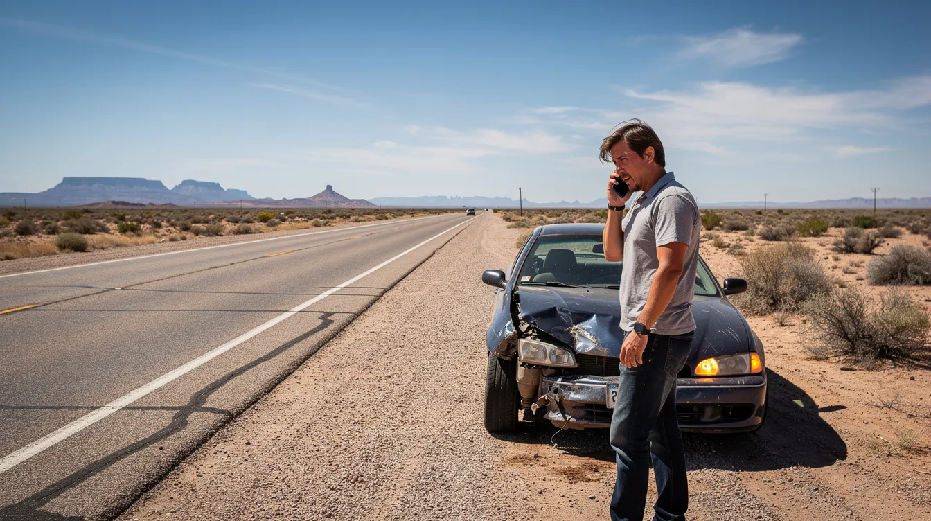A person stands next to a damaged car on a New Mexico roadside, talking on the phone, likely dealing with the aftermath of a car accident. The scene reflects the challenges faced by accident victims in navigating insurance claims and personal injury lawsuits.