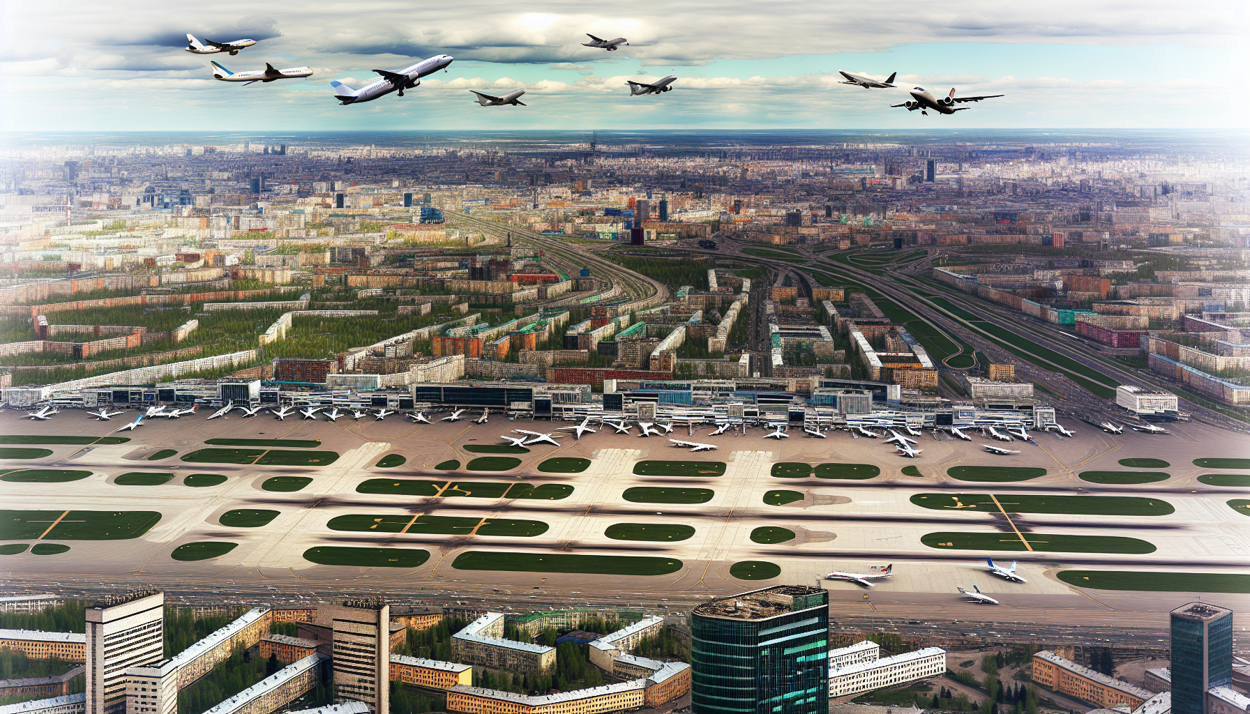 Aerial view of a city with airplanes taking off and landing at the airport