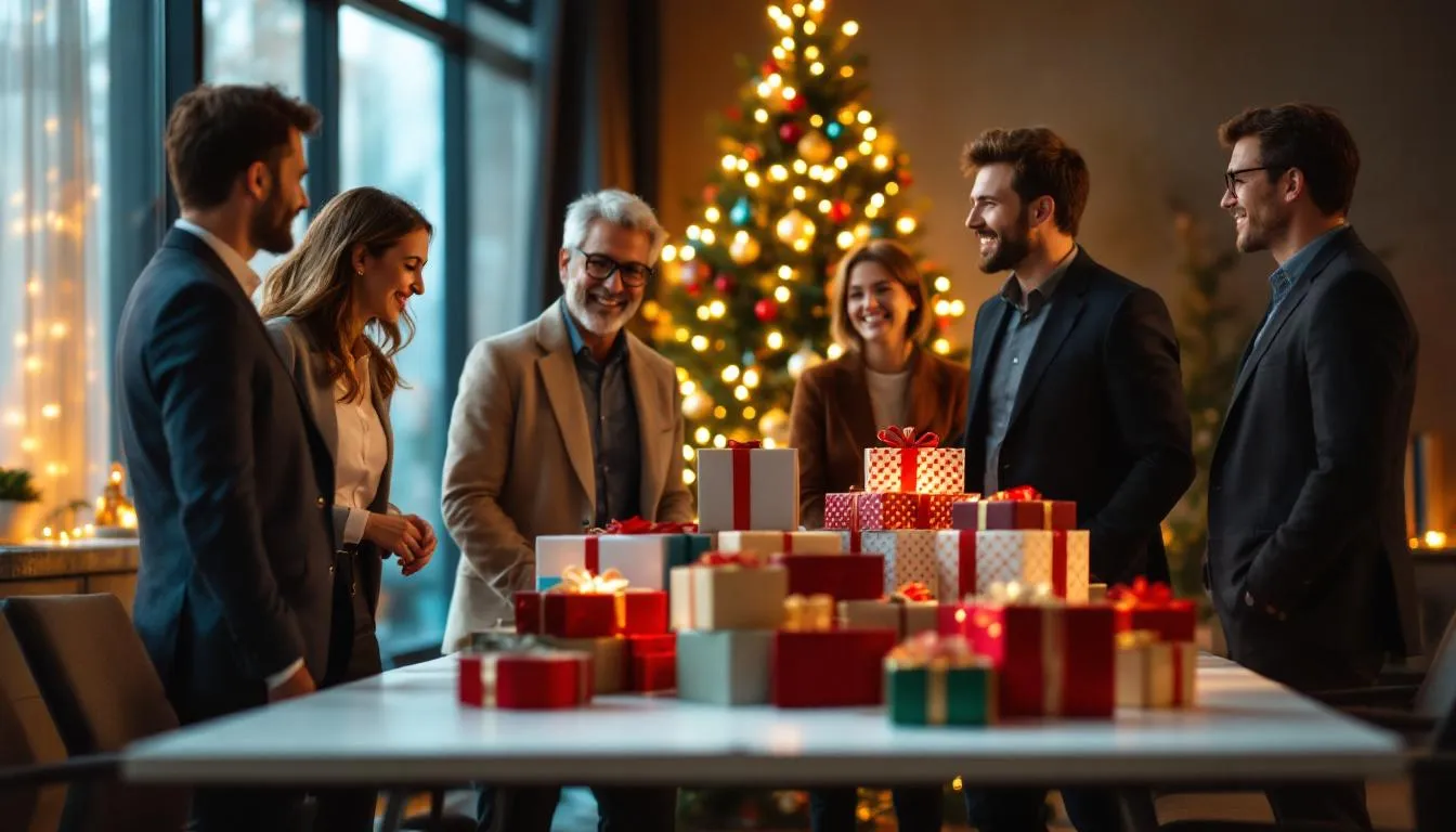 Weihnachtlich dekorierter Konferenzraum mit Geschenken und zufriedenen Geschäftspartnern