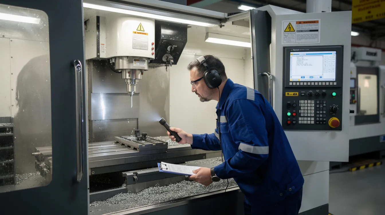 A technician is conducting a maintenance inspection on a large CNC milling machine, ensuring its precision and efficiency for optimal production. This routine check aims to minimize downtime and enhance the longevity of the CNC equipment, reflecting a commitment to quality service in the manufacturing industry.
