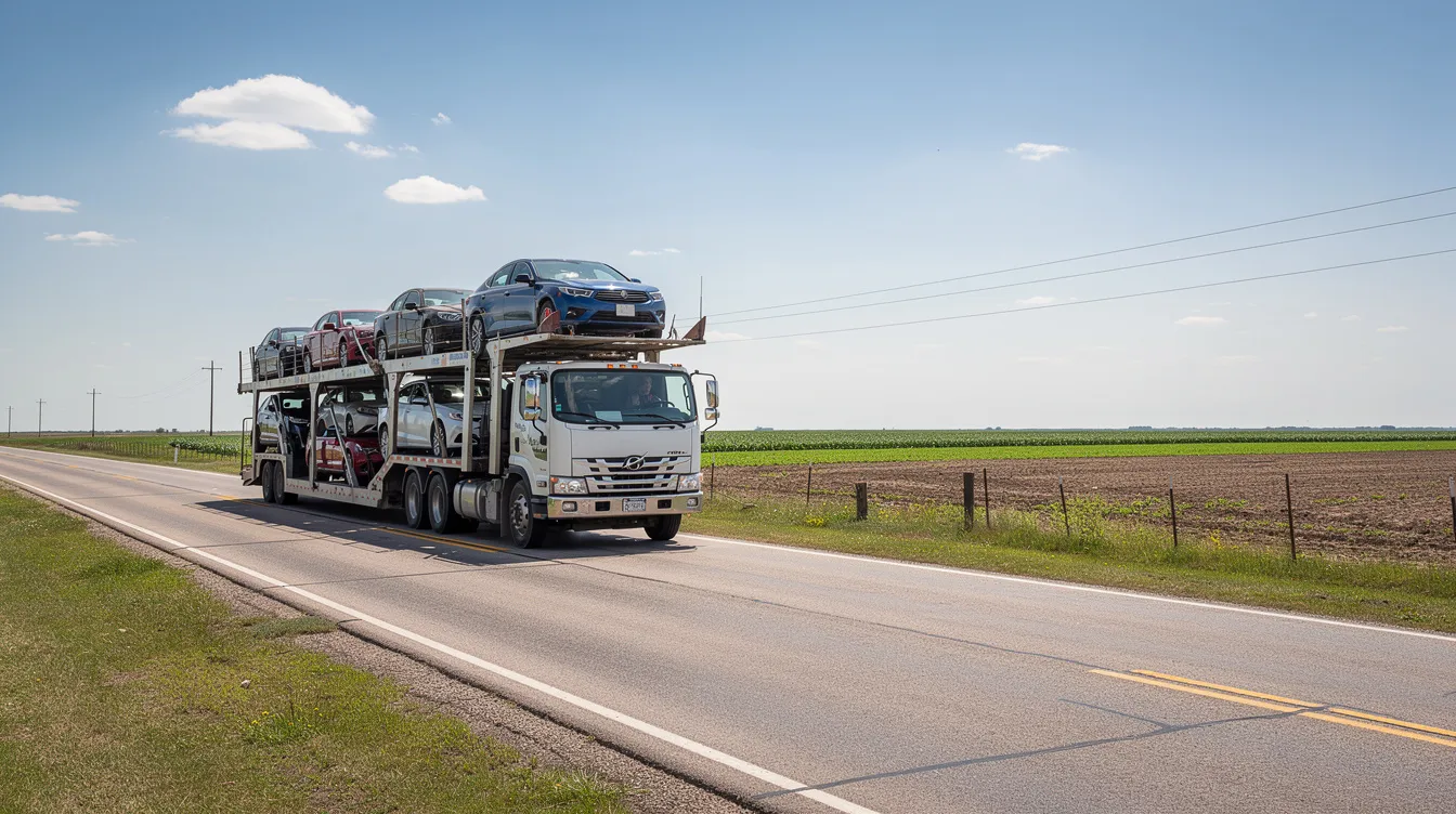 A car carrier truck is driving along a flat Nebraska highway, surrounded by expansive farmland on both sides, showcasing the state's rural landscape. This scene highlights the auto transport services available in Nebraska, perfect for car shipping companies looking to provide reliable vehicle transport across the region.