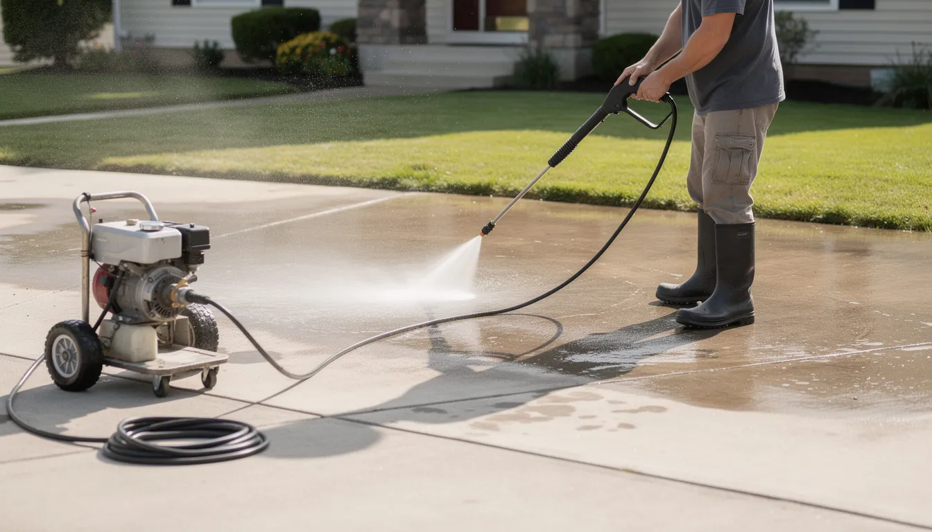 A person is using a pressure washer to clean a concrete driveway surface, removing dirt and grime to restore its appearance. The surrounding landscape features garden beds and decorative pebbles, highlighting the driveway's role in enhancing curb appeal.