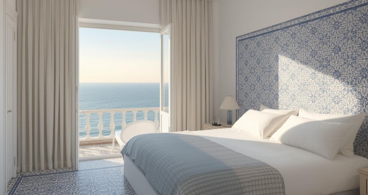Bedroom with blue and white encaustic tiles on the floor and used as a headboard