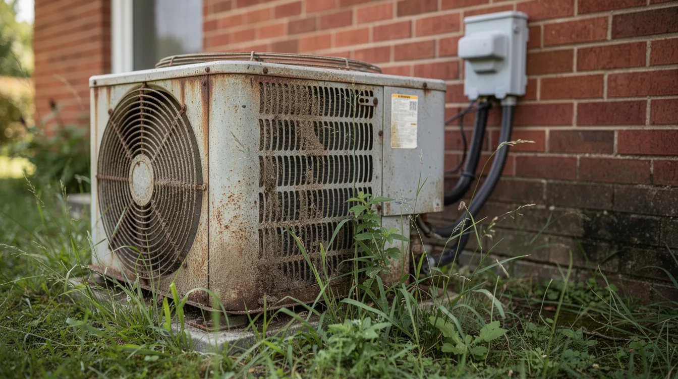 The image shows a close-up of an old, weathered outdoor AC condenser unit situated next to a brick house, surrounded by overgrown grass. This aging equipment may require air conditioning installation services or replacement to ensure efficient cooling and humidity control for homeowners.