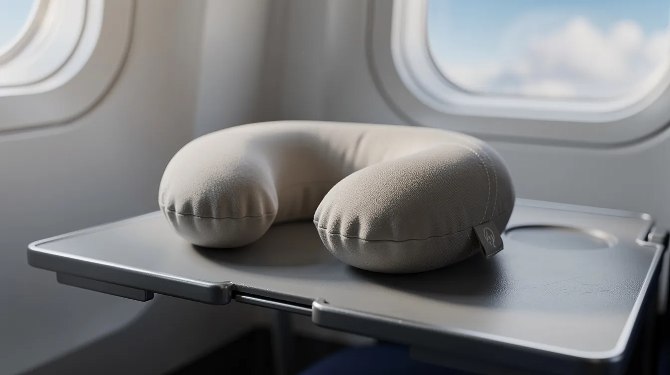 A close-up view of a small travel neck pillow, featuring microbeads for comfort, rests on an airplane tray table next to a window, ready for the next adventure. The pillow's soft fabric is designed to provide excellent support during travel, while care instructions suggest using a mild detergent for machine washing and air drying completely to maintain its freshness.