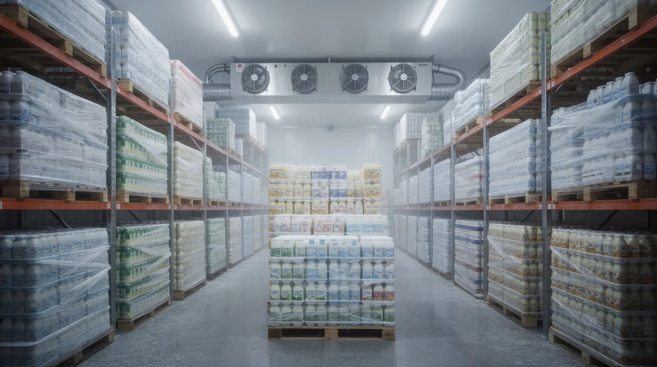 The image shows a walk-in cold storage room at a dairy processing plant, filled with stacked pallets of packaged dairy products, such as milk and cheese, alongside visible refrigeration units that ensure temperature control for food safety. This setup highlights the essential role of cold storage in the dairy industry for maintaining the freshness and quality of perishable products.