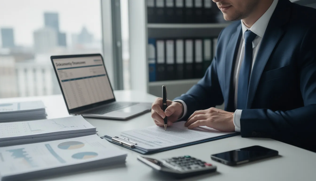 Na zdjęciu widać przedsiębiorcę podpisującego dokumenty finansowe przy biurku, co może być związane z usługami faktoringowymi, które pomagają w utrzymaniu płynności finansowej jego firmy. Dokumenty mogą dotyczyć odroczonych terminów płatności oraz strategii minimalizowania ryzyka niewypłacalności kontrahenta.