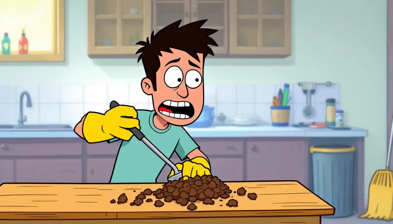 A person wearing rubber gloves safely removing rodent droppings from a surface.