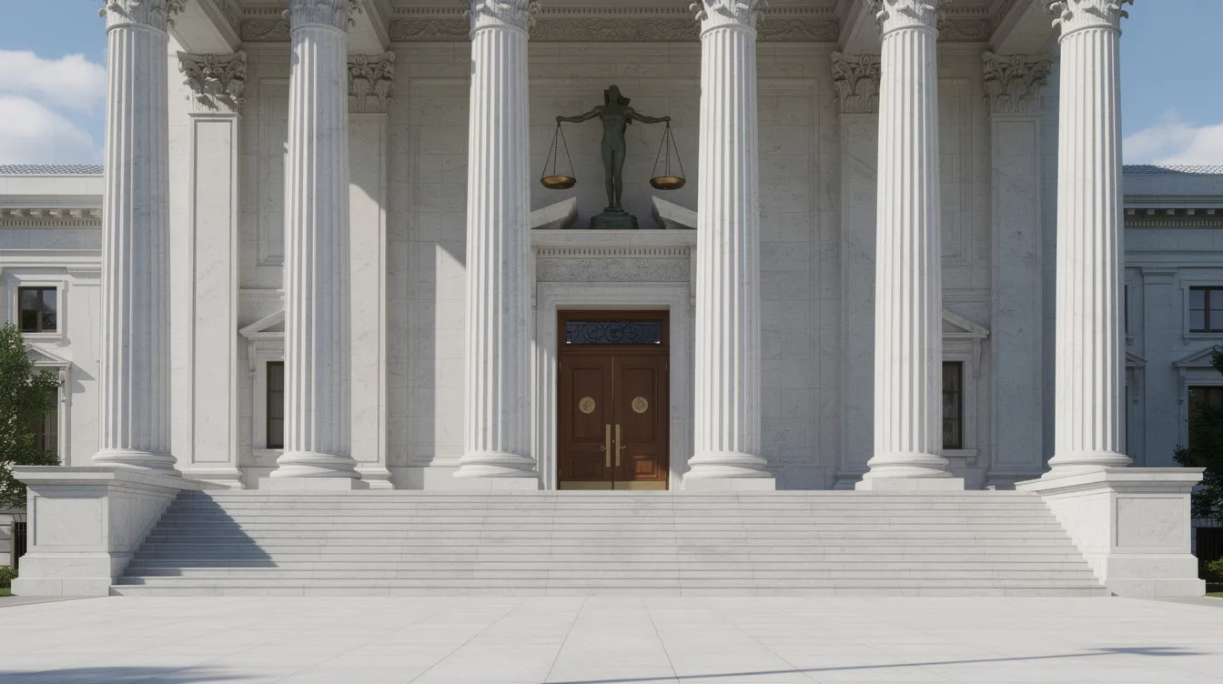 Na obrazie widać wejście do sądu, z klasycznymi kolumnami oraz wagą sprawiedliwości, symbolizującą sprawy dotyczące umów kredytowych, w tym unieważnienie umowy kredytowej oraz kwestie związane z kredytami we frankach szwajcarskich. Scena oddaje powagę i znaczenie postępowania sądowego w sprawach frankowych oraz ochronę praw kredytobiorców.